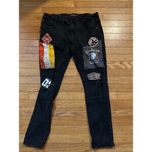 Copper Rivet Black Patchwork Moto Jeans Mens 38x32 Embroidered Graphic Denim